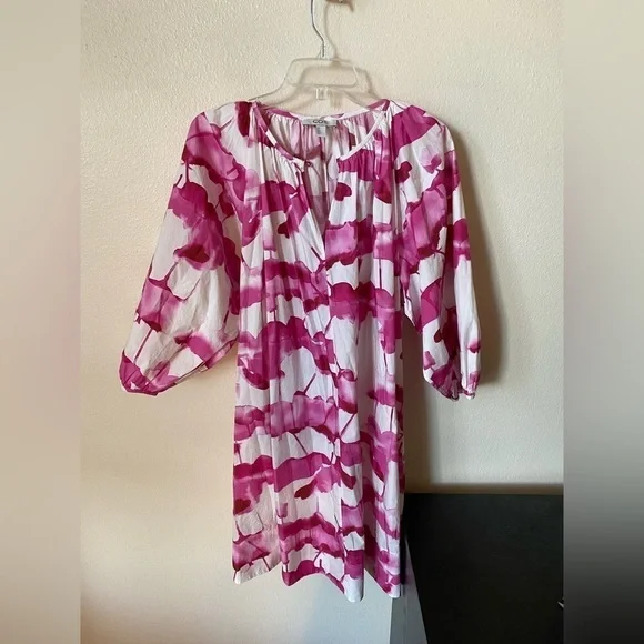 COS Women’s Puff Sleeve Printed Dress Pink Size 10 Barbiecore Flowy Shirt Dress - Picture 2 of 8